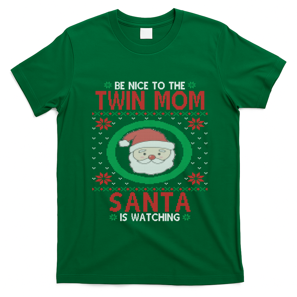 Santa Is Watching New Or Expecting Twin Mom Ugly Christmas Cool Gift T-Shirt - Irish Green