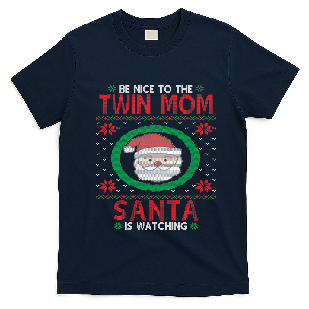 Santa Is Watching New Or Expecting Twin Mom Ugly Christmas Cool Gift T-Shirt - Navy Blue