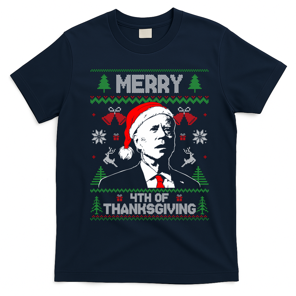 Santa Joe Biden Merry Thanksgiving Ugly Christmas Sweater Sweatshirt T-Shirt - Navy Blue