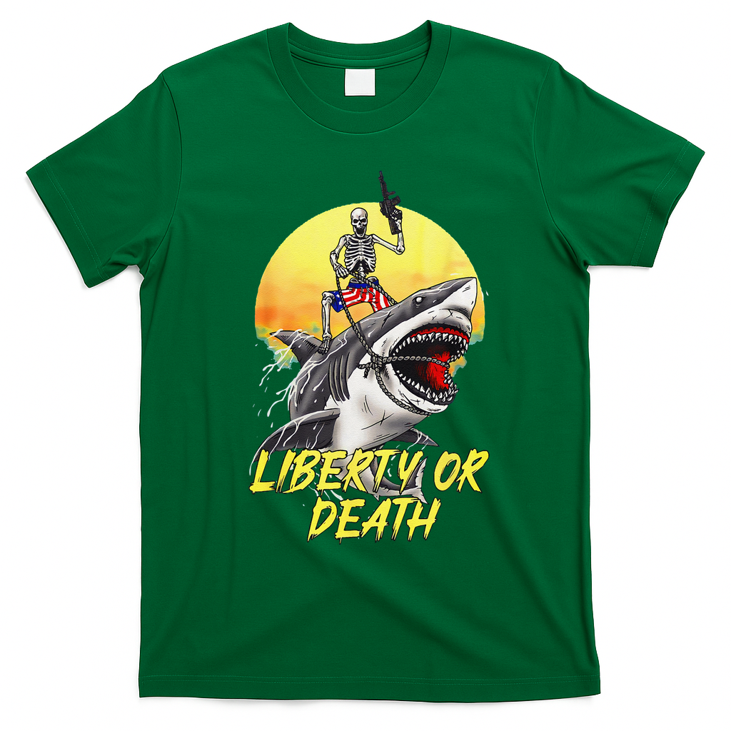 Skeleton Liberty Or Death Shark Halloween American Flag T-Shirt - Irish Green