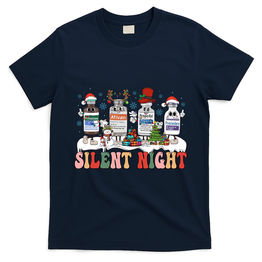 Silent Night Medical Nurse Christmas School Nurse Holiday Sweatshirt T-Shirt - Navy Blue