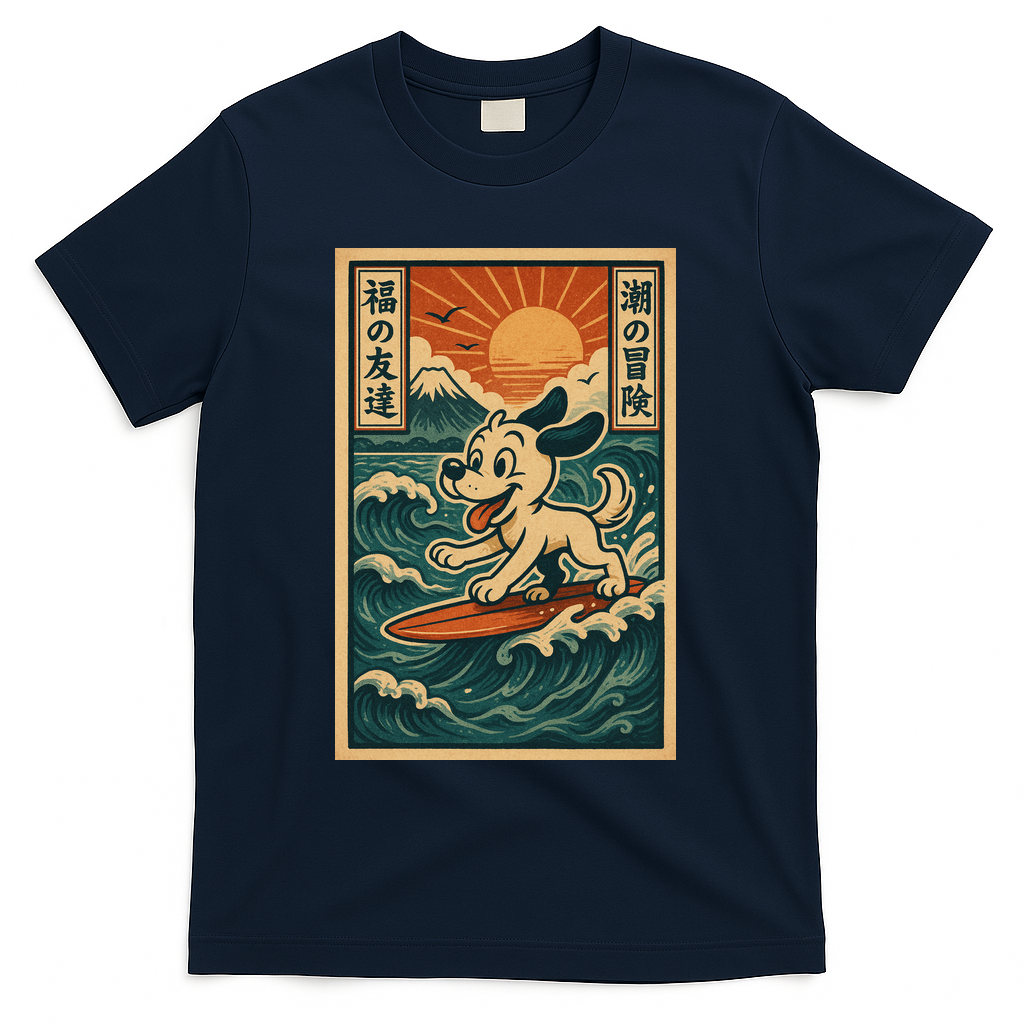 Surf Pup Adventure Vintage Japanese Wave Rider Dog Ukiyo-e T-Shirt - Navy