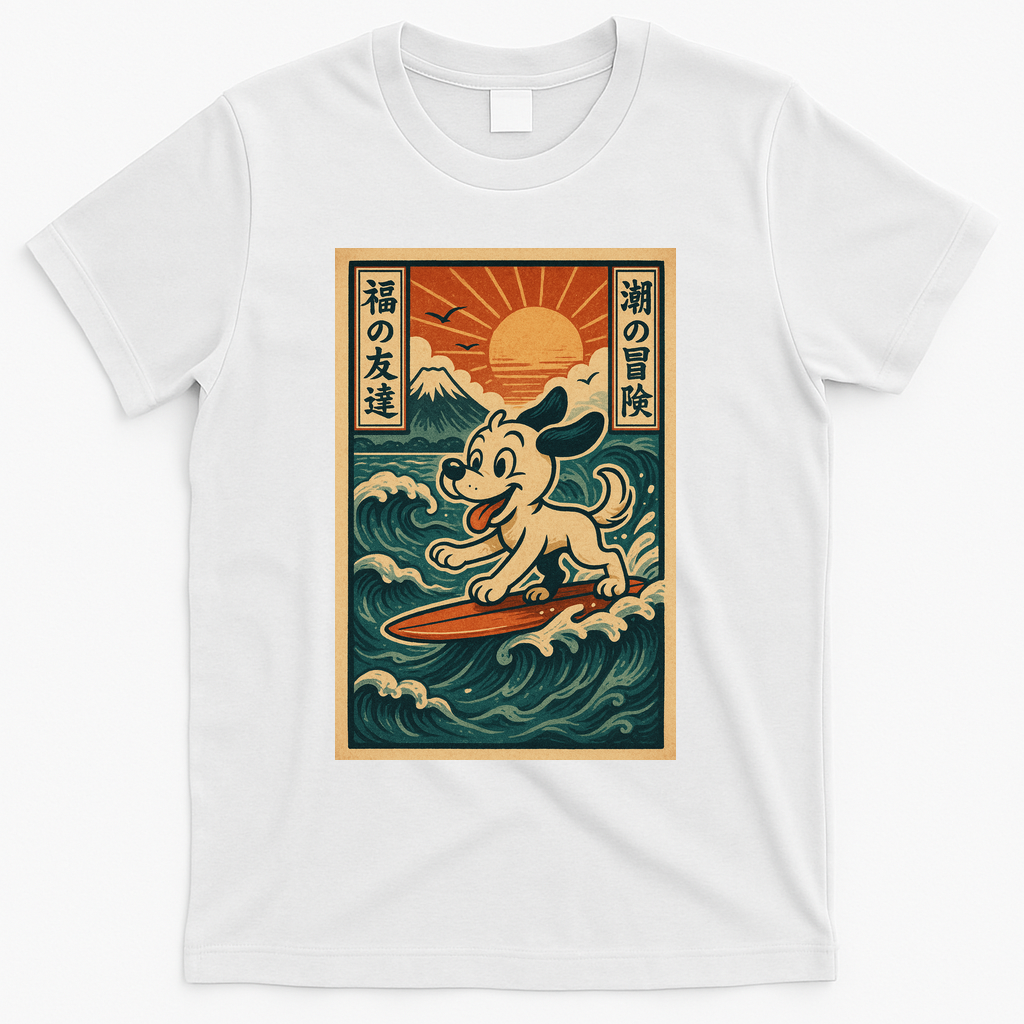 Surf Pup Adventure Vintage Japanese Wave Rider Dog Ukiyo-e T-Shirt - White