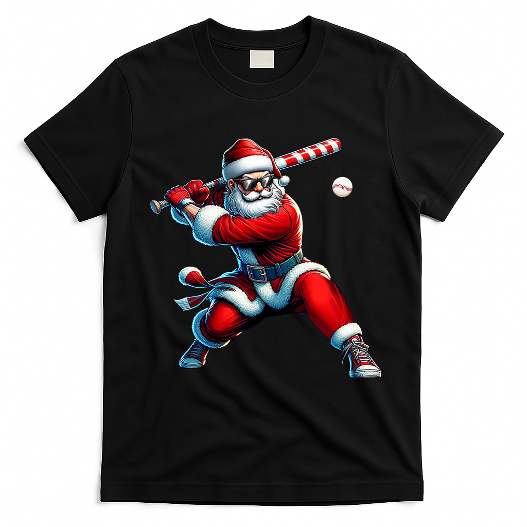 Santa Playing Baseball Christmas Baseball Player T-Shirt - Black