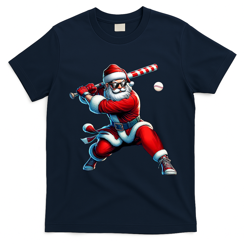 Santa Playing Baseball Christmas Baseball Player T-Shirt - Navy Blue