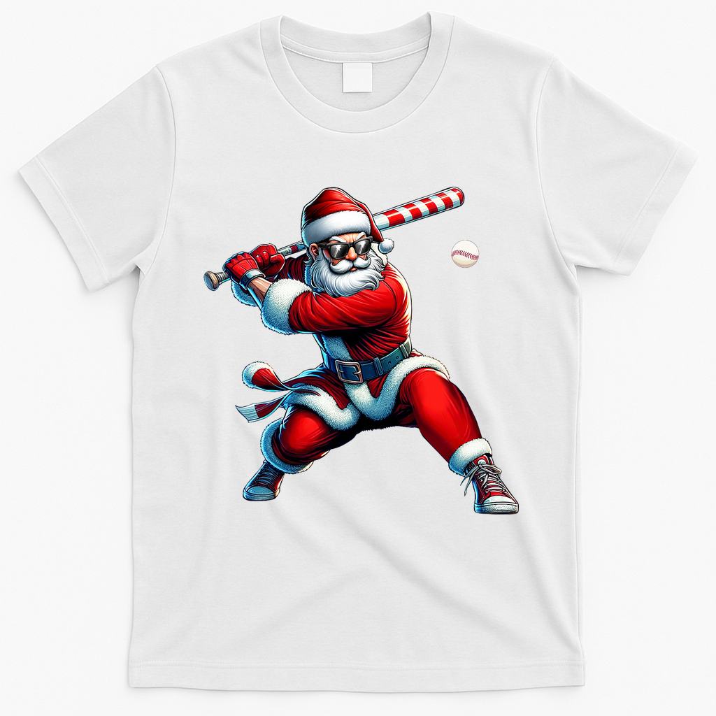 Santa Playing Baseball Christmas Baseball Player T-Shirt - White