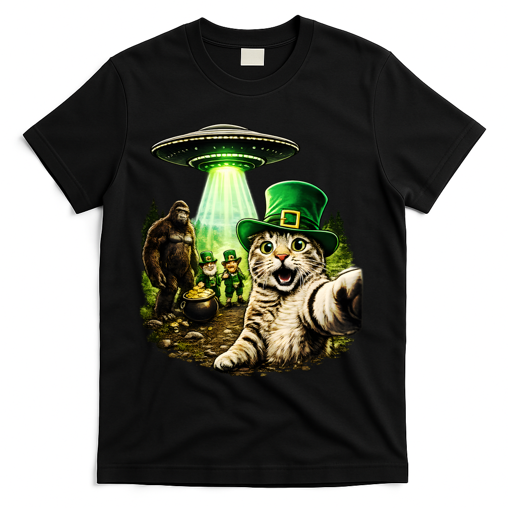 St Patricks Day Cat Selfie Leprechaun Bigfoot UFO T-Shirt - Black