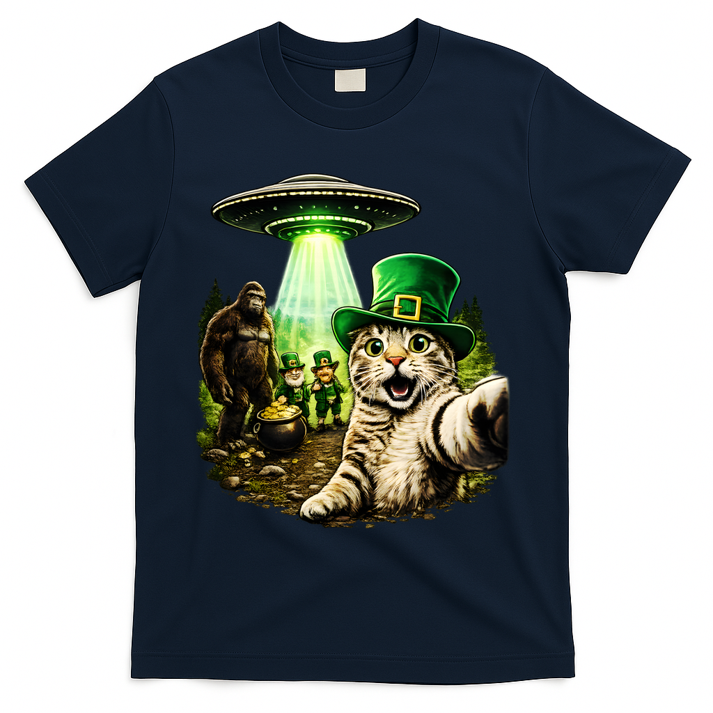 St Patricks Day Cat Selfie Leprechaun Bigfoot UFO T-Shirt - Navy