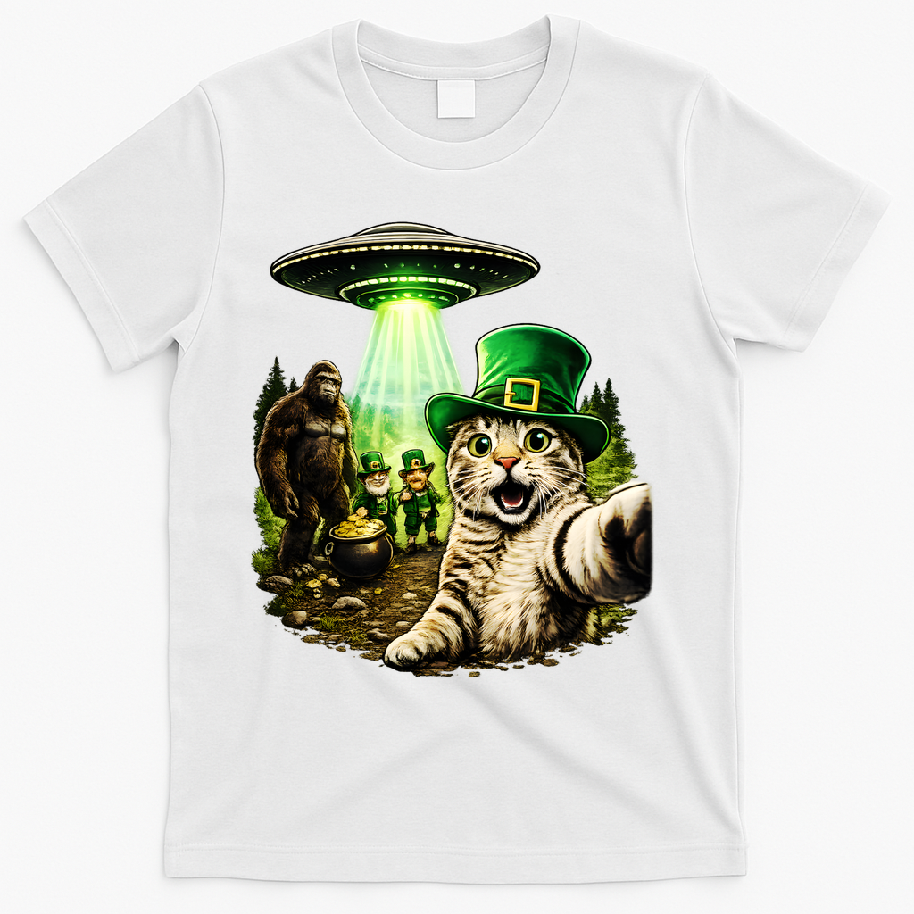 St Patricks Day Cat Selfie Leprechaun Bigfoot UFO T-Shirt - White