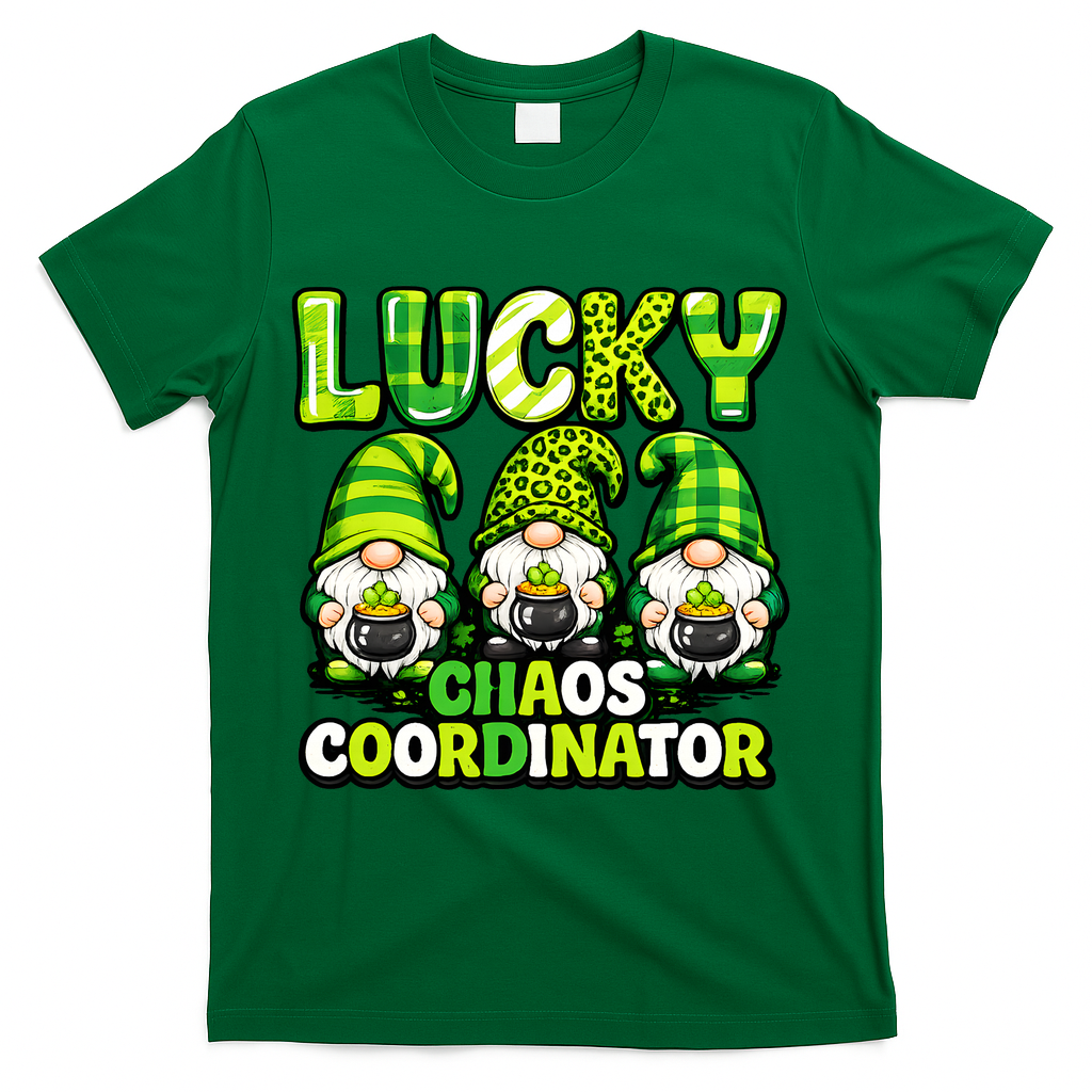 St Patrick's Day Lucky Chaos Coordonator Shamrock Irish Gnomes T-Shirt - Green