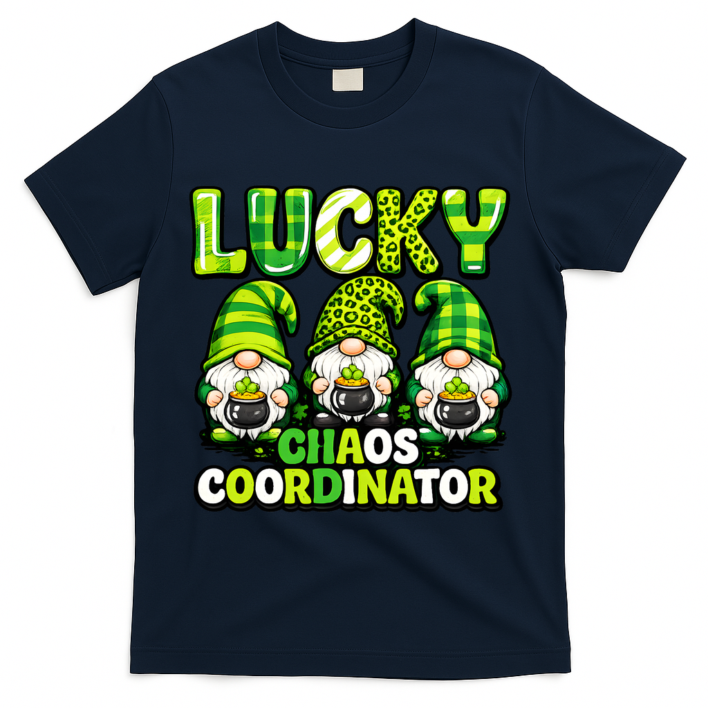 St Patrick's Day Lucky Chaos Coordonator Shamrock Irish Gnomes T-Shirt - Navy