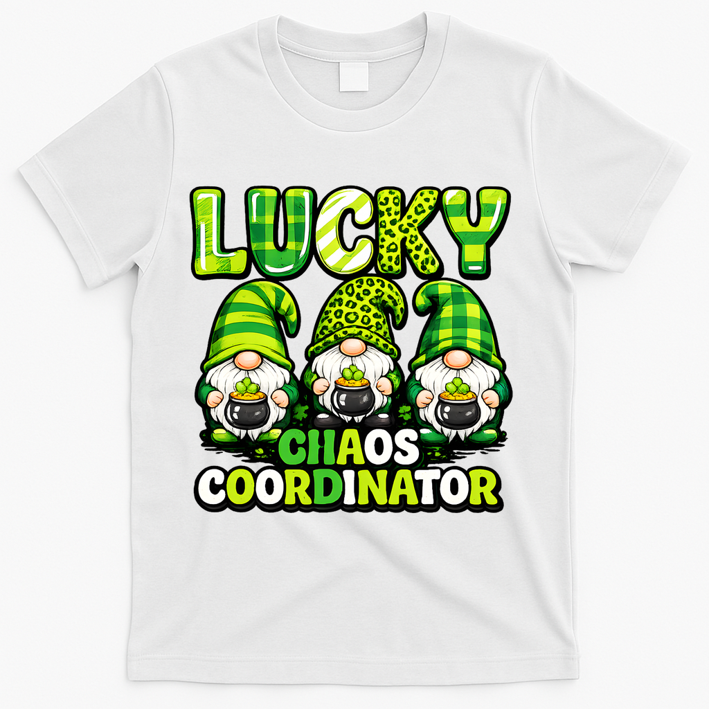 St Patrick's Day Lucky Chaos Coordonator Shamrock Irish Gnomes T-Shirt - White