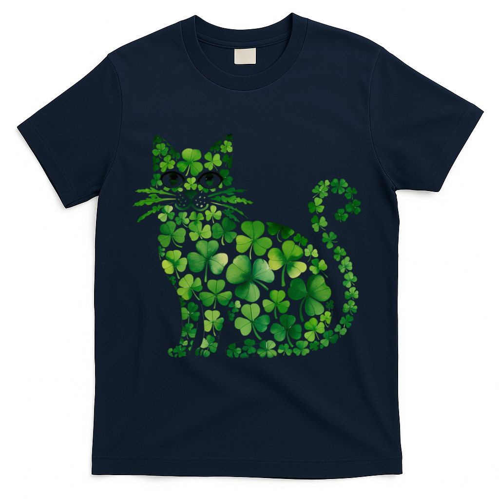 St Patrick's Day Lucky Shamrock Clover Cat T-Shirt - Navy