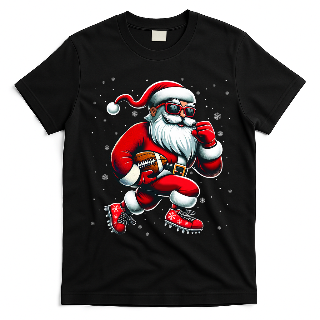 Santa Playing Football Christmas Football Players T-Shirt - Black
