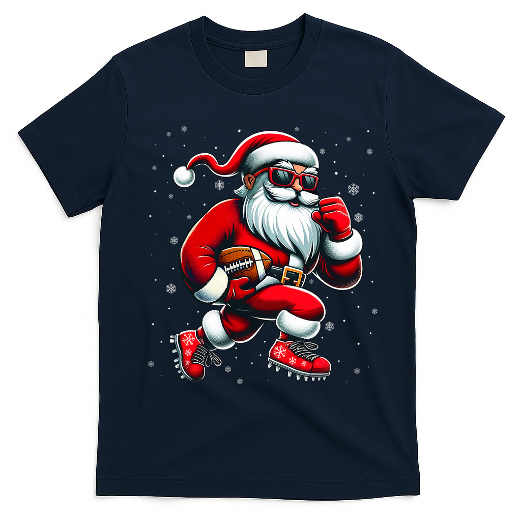 Santa Playing Football Christmas Football Players T-Shirt - Navy Blue