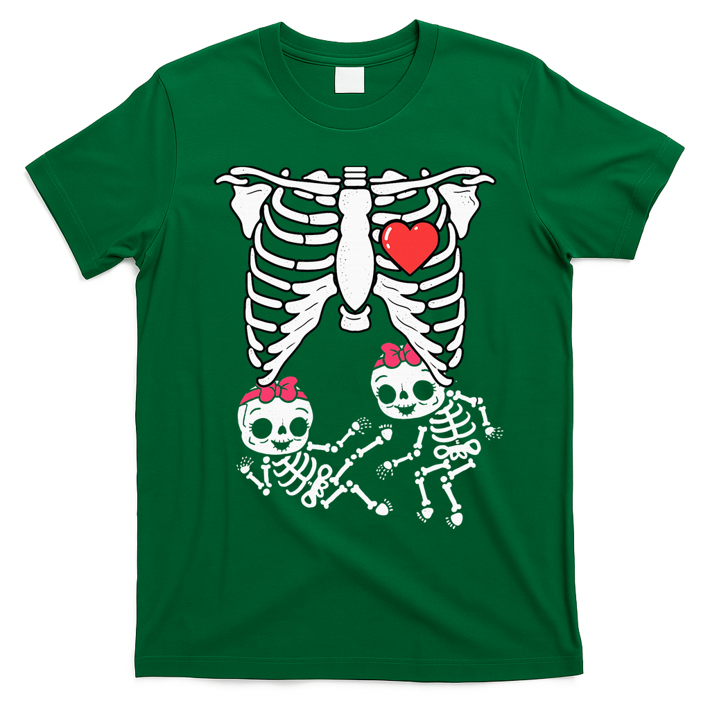 Skeleton Pregnancy Twins XRay Pregnant Halloween T-Shirt - Irish Green
