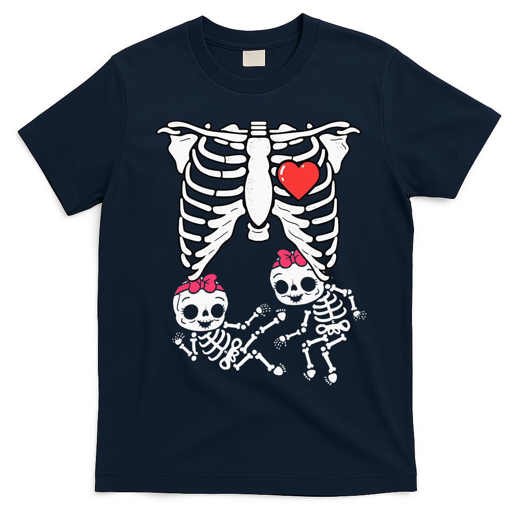 Skeleton Pregnancy Twins XRay Pregnant Halloween T-Shirt - Navy Blue