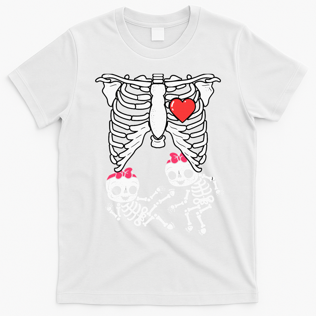 Skeleton Pregnancy Twins XRay Pregnant Halloween T-Shirt - White