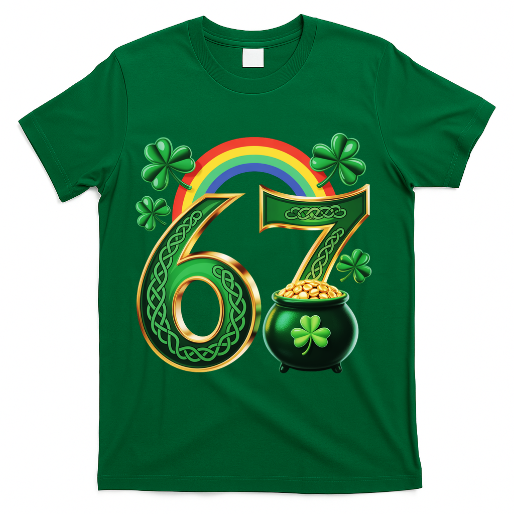Shamrock Rainbow 67 St Patrick’s Day 6-7 Meme T-Shirt - Green