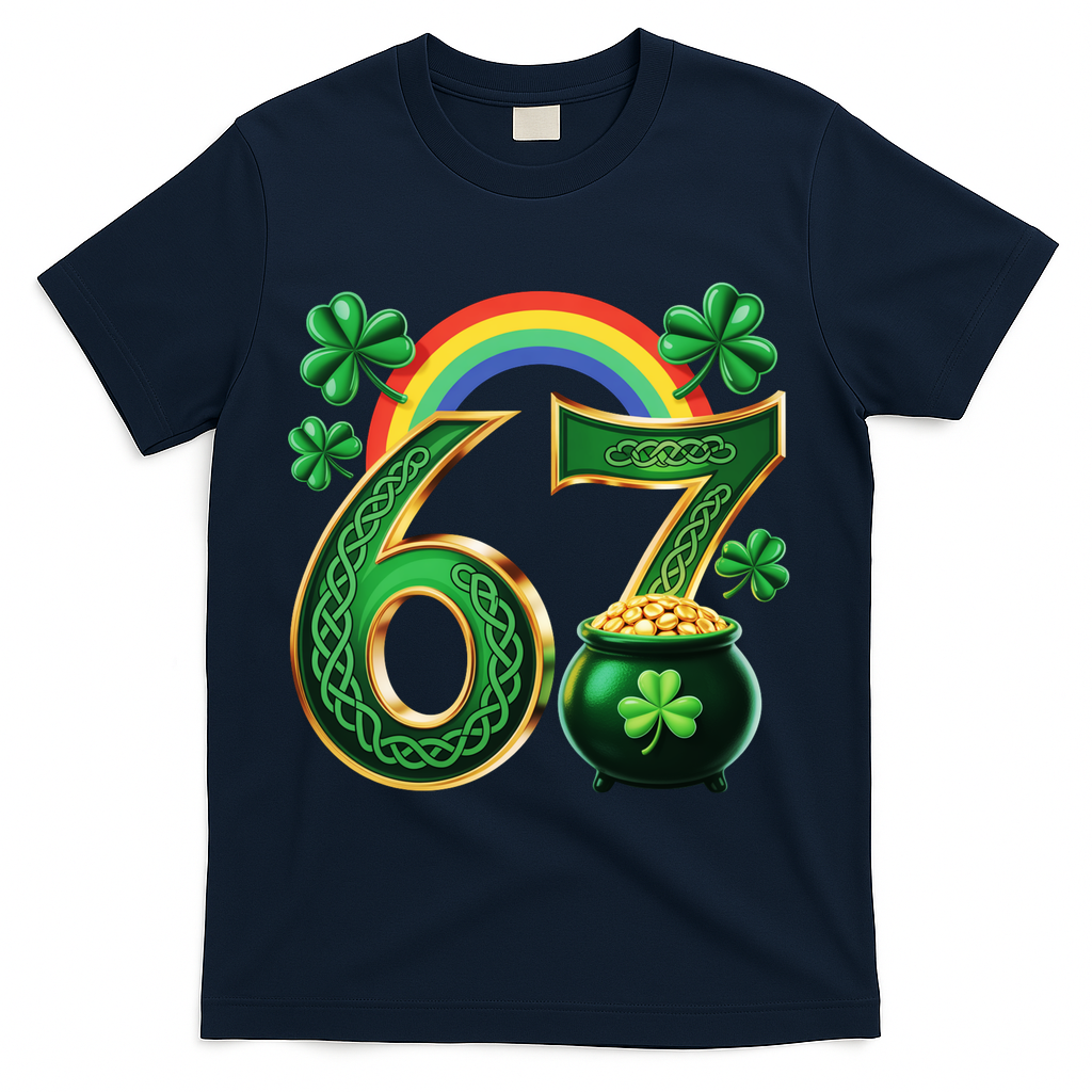 Shamrock Rainbow 67 St Patrick’s Day 6-7 Meme T-Shirt - Navy