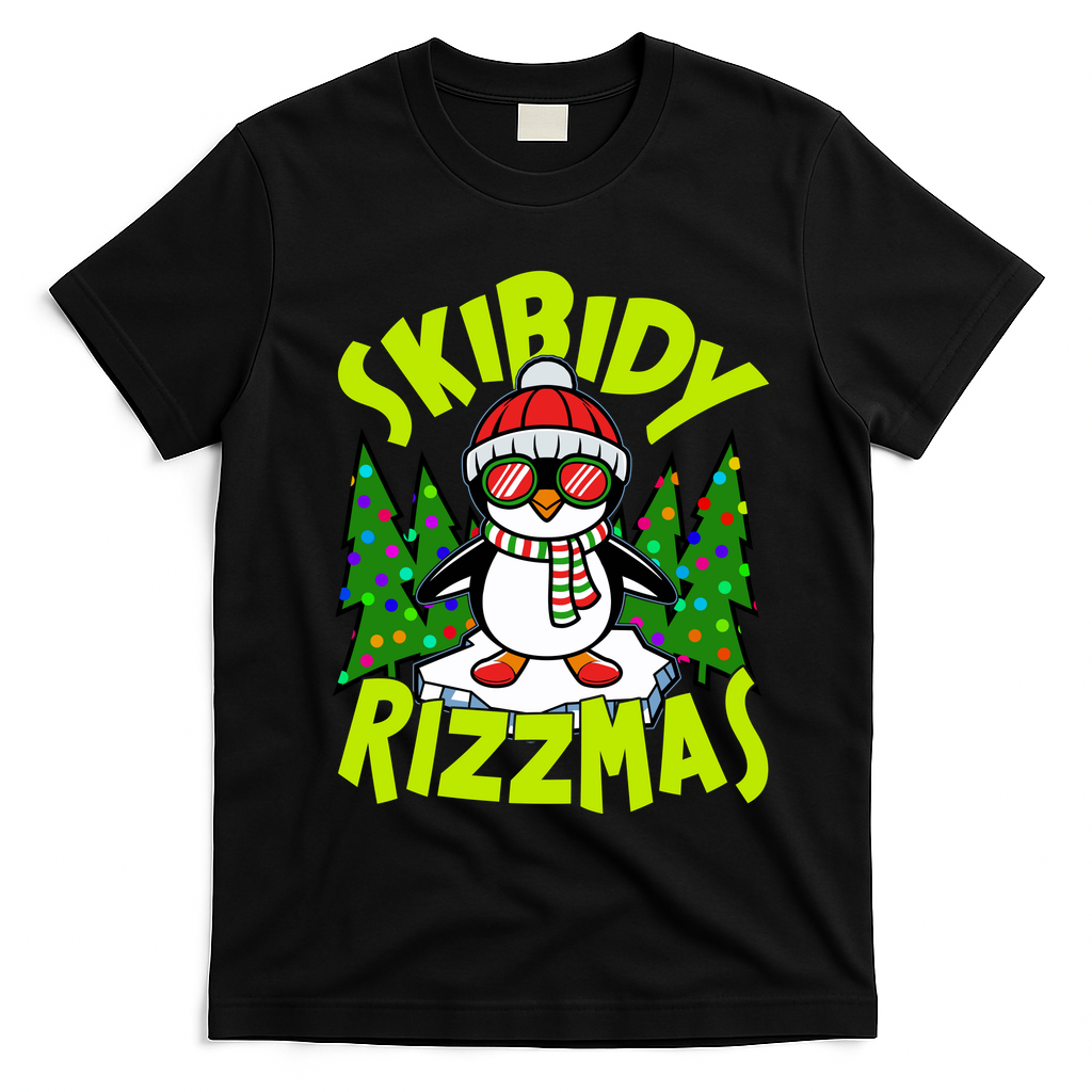 Skibidy Rizzmas Christmas Rizz Penguin Meme T-Shirt - Black