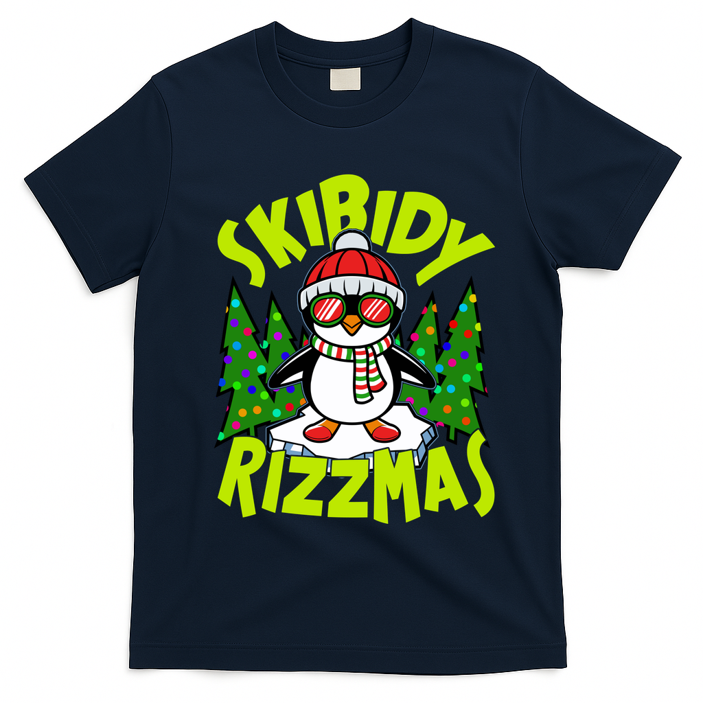 Skibidy Rizzmas Christmas Rizz Penguin Meme T-Shirt - Navy Blue