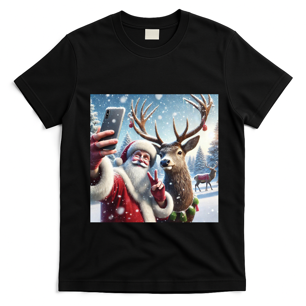 Surprise Rain Deer Selfie Santa T-Shirt - Black