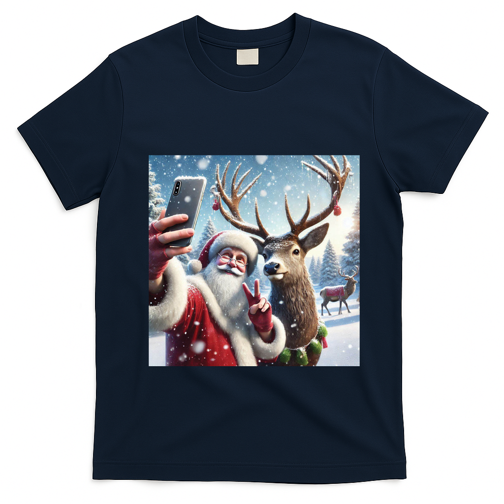 Surprise Rain Deer Selfie Santa T-Shirt - Navy Blue