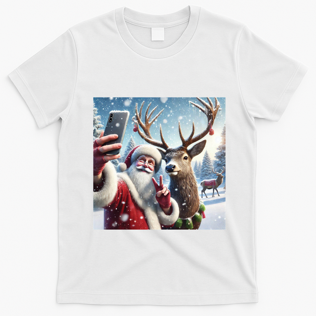 Surprise Rain Deer Selfie Santa T-Shirt - White