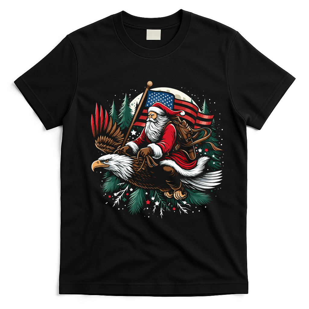 Santa Riding Eagle Usa Flag Christmas T-Shirt - Black
