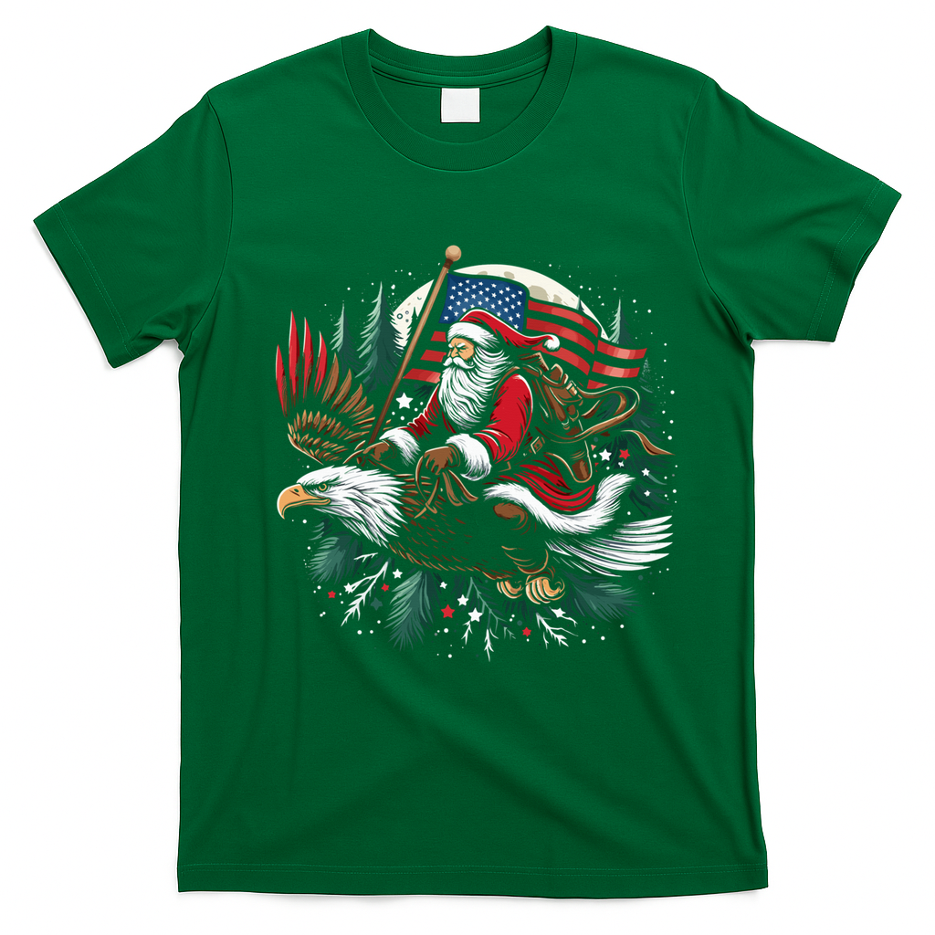 Santa Riding Eagle Usa Flag Christmas T-Shirt - Irish Green