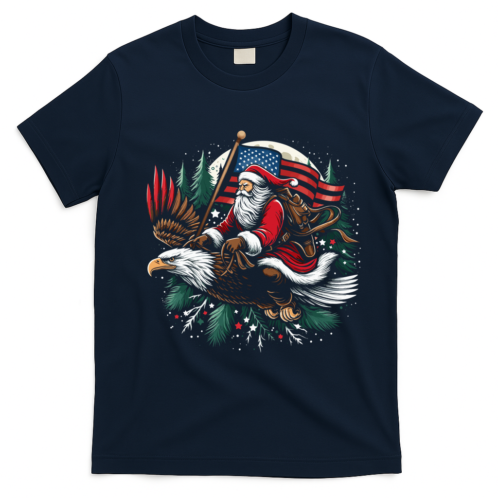Santa Riding Eagle Usa Flag Christmas T-Shirt - Navy Blue