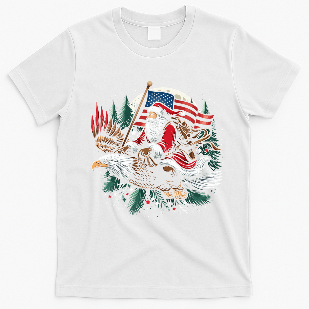 Santa Riding Eagle Usa Flag Christmas T-Shirt - White