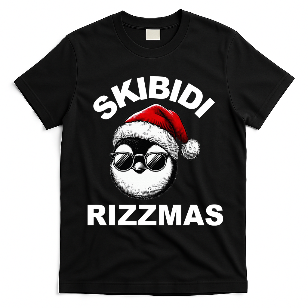 Skibidi Rizzmas Funny Christmas Penguin T-Shirt - Black