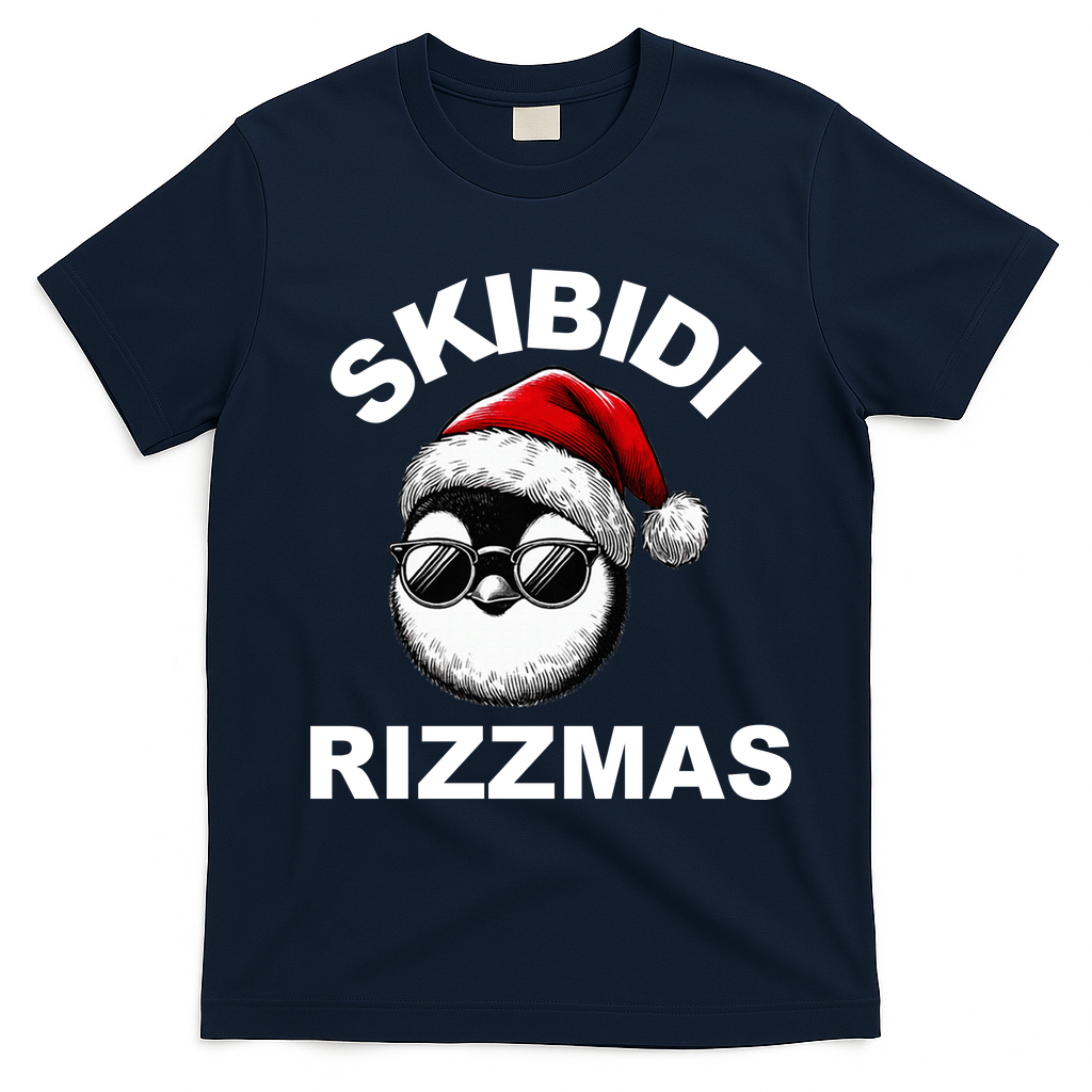 Skibidi Rizzmas Funny Christmas Penguin T-Shirt - Navy Blue