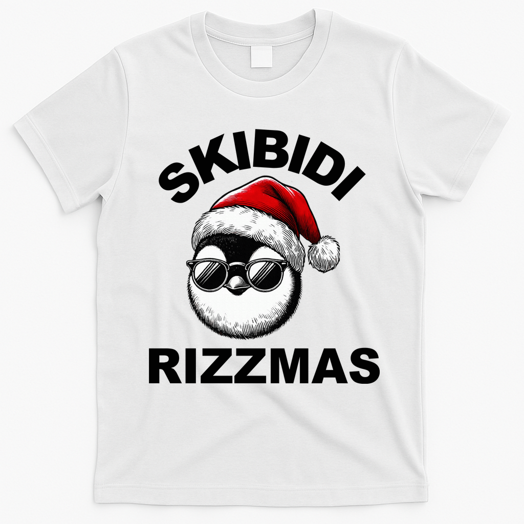 Skibidi Rizzmas Funny Christmas Penguin T-Shirt - White