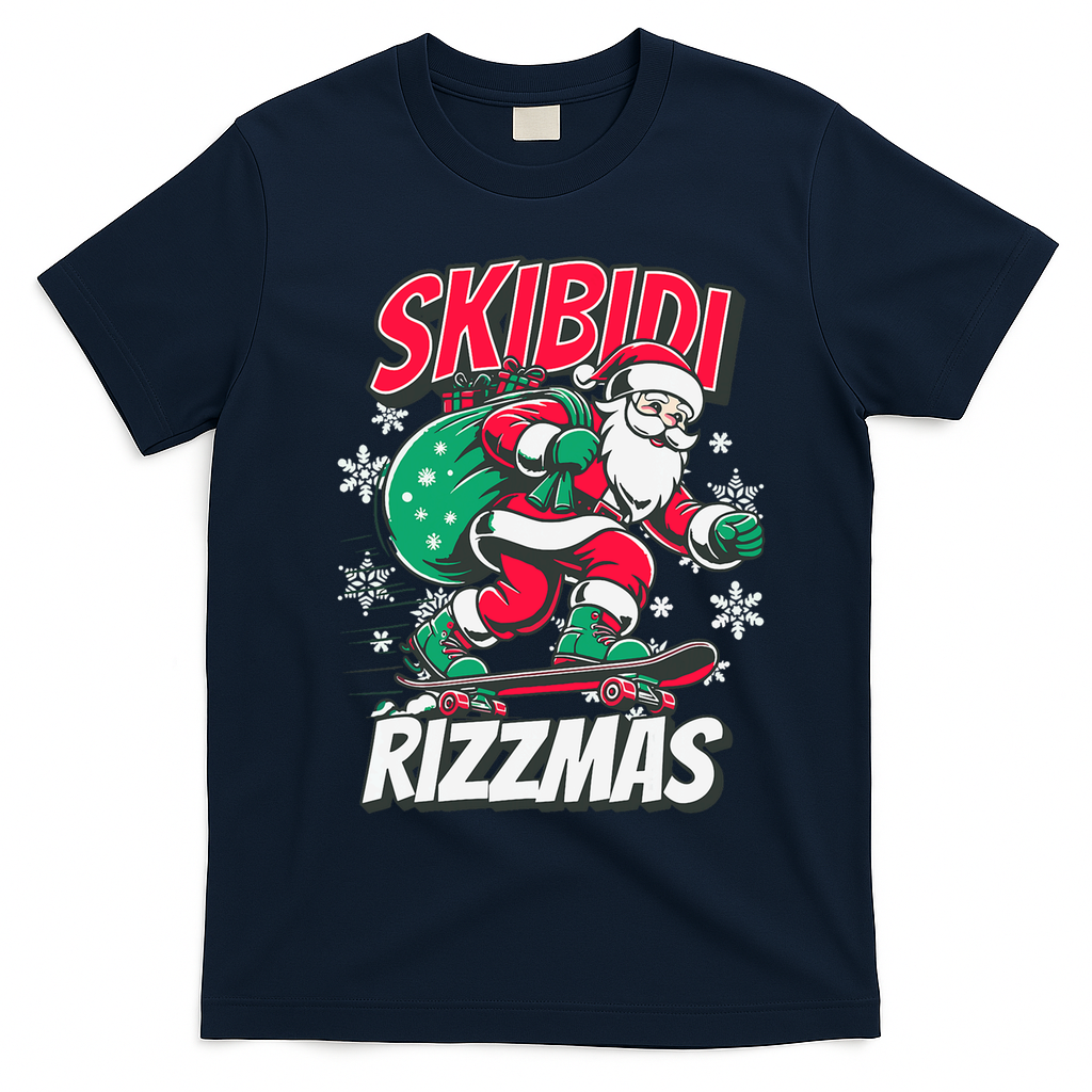 Skibidi Rizzmas Funny Santa Rizz Christmas T-Shirt - Navy Blue