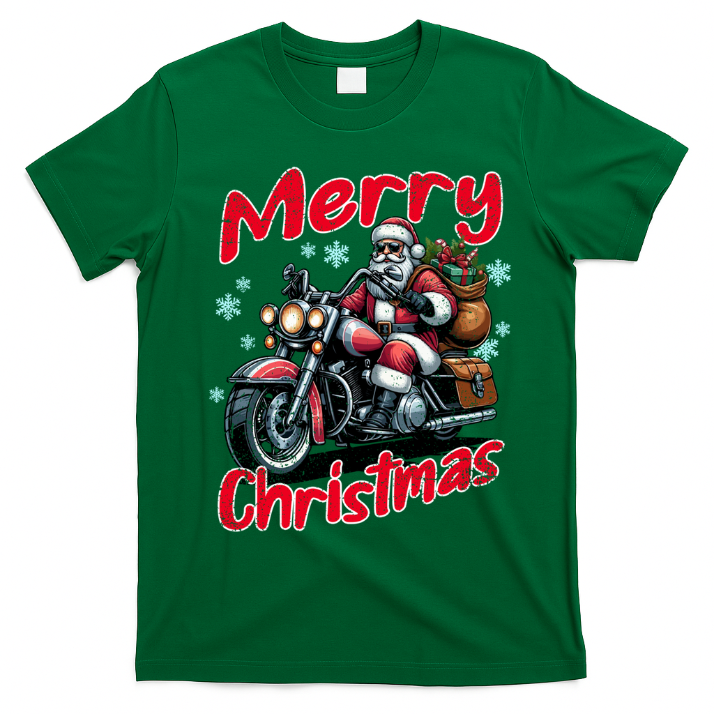 Santa Riding Motorcycle Merry Christmas Festive Xmas Holiday Gift T-Shirt - Irish Green