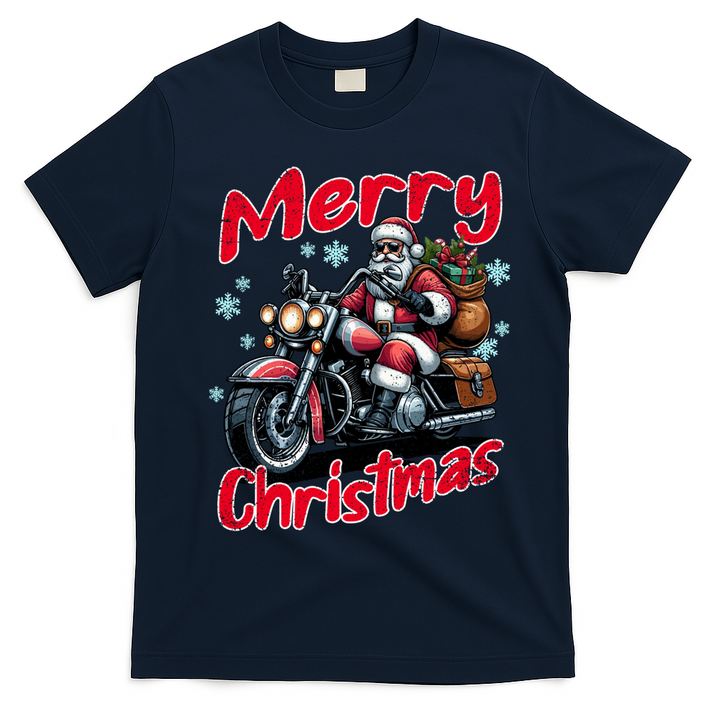 Santa Riding Motorcycle Merry Christmas Festive Xmas Holiday Gift T-Shirt - Navy Blue