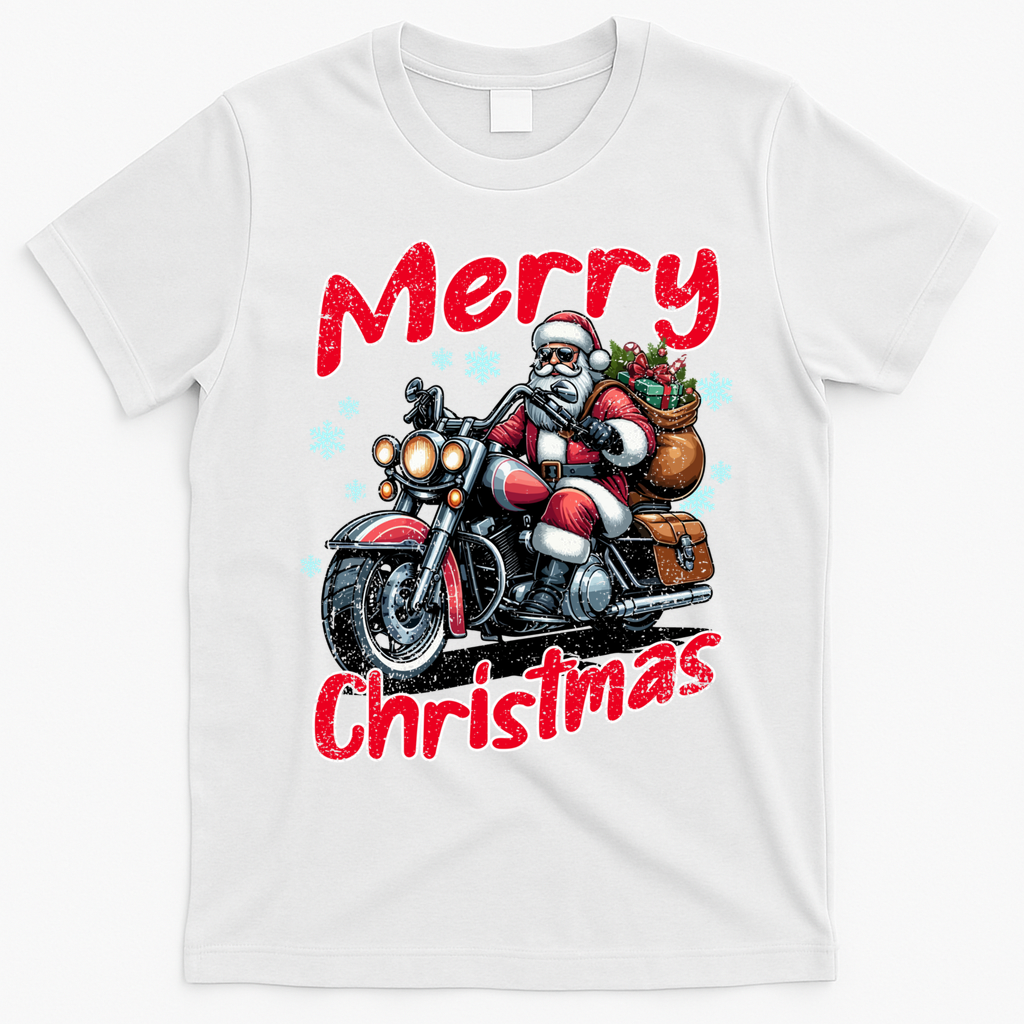 Santa Riding Motorcycle Merry Christmas Festive Xmas Holiday Gift T-Shirt - White