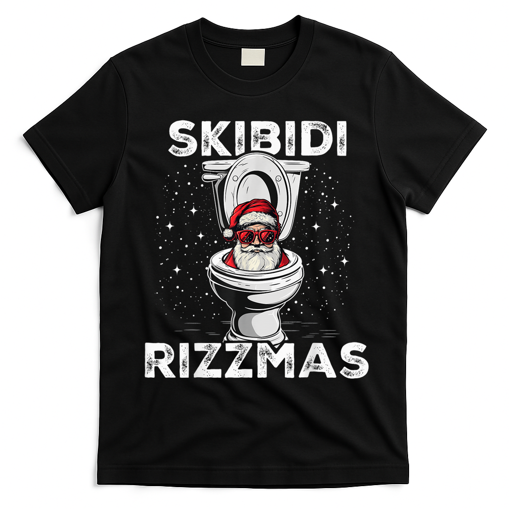 S.K.I.B.I.D.I Riz Zmas Funny Toilet Santa White Elephant Christmas T-Shirt - Black