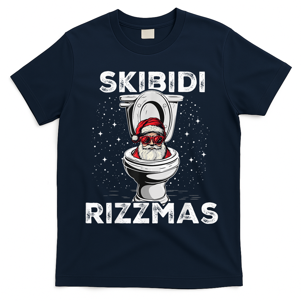 S.K.I.B.I.D.I Riz Zmas Funny Toilet Santa White Elephant Christmas T-Shirt - Navy Blue