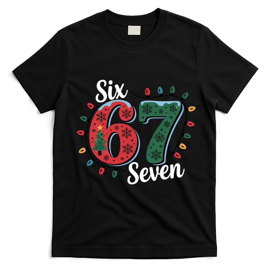 Six Seven 67 6-7 Christmas Lights Xmas Meme T-Shirt - Black