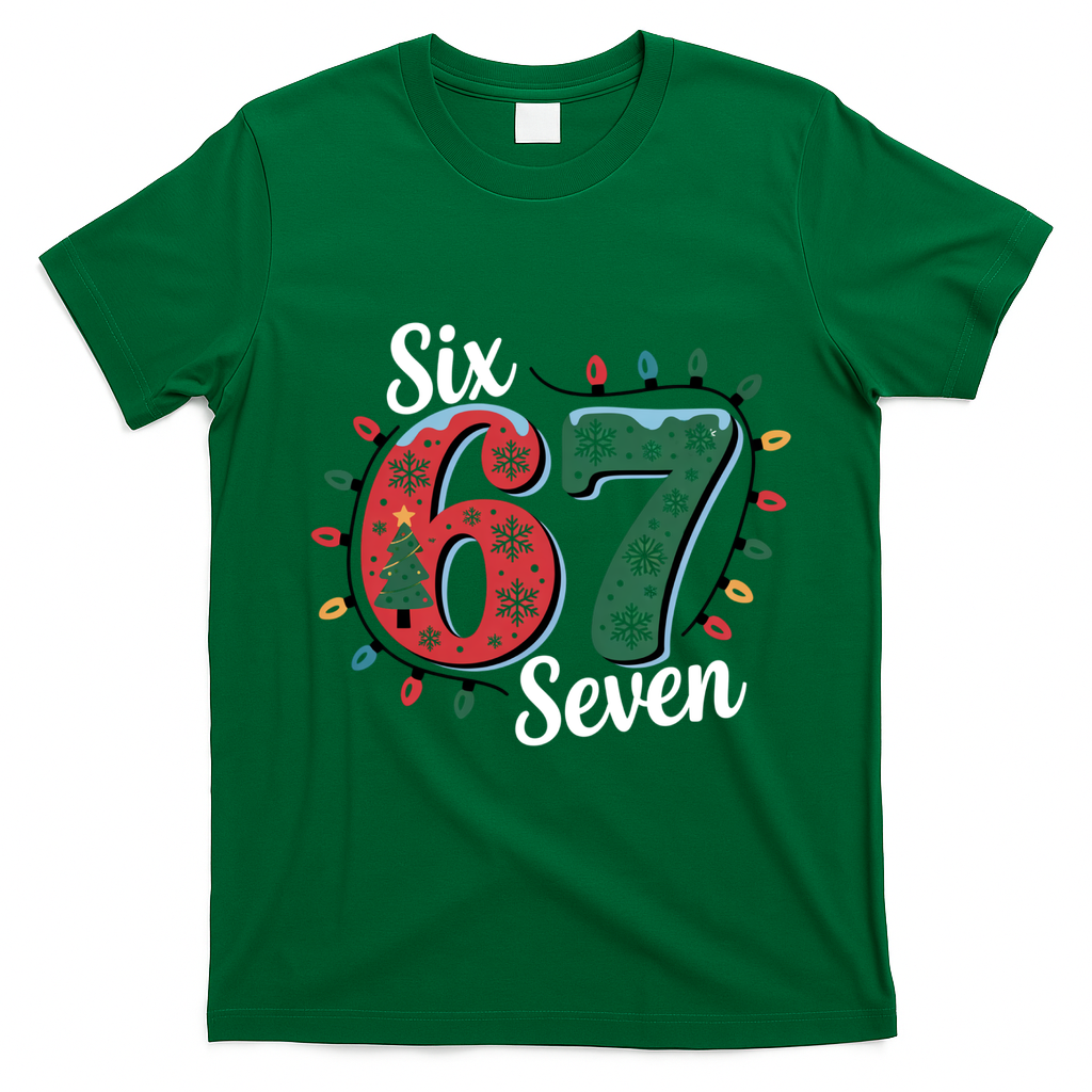 Six Seven 67 6-7 Christmas Lights Xmas Meme T-Shirt - Irish Green