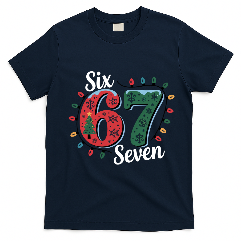 Six Seven 67 6-7 Christmas Lights Xmas Meme T-Shirt - Navy Blue