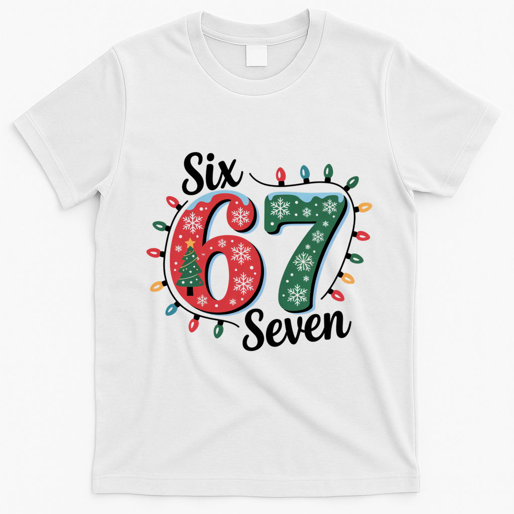 Six Seven 67 6-7 Christmas Lights Xmas Meme T-Shirt - White