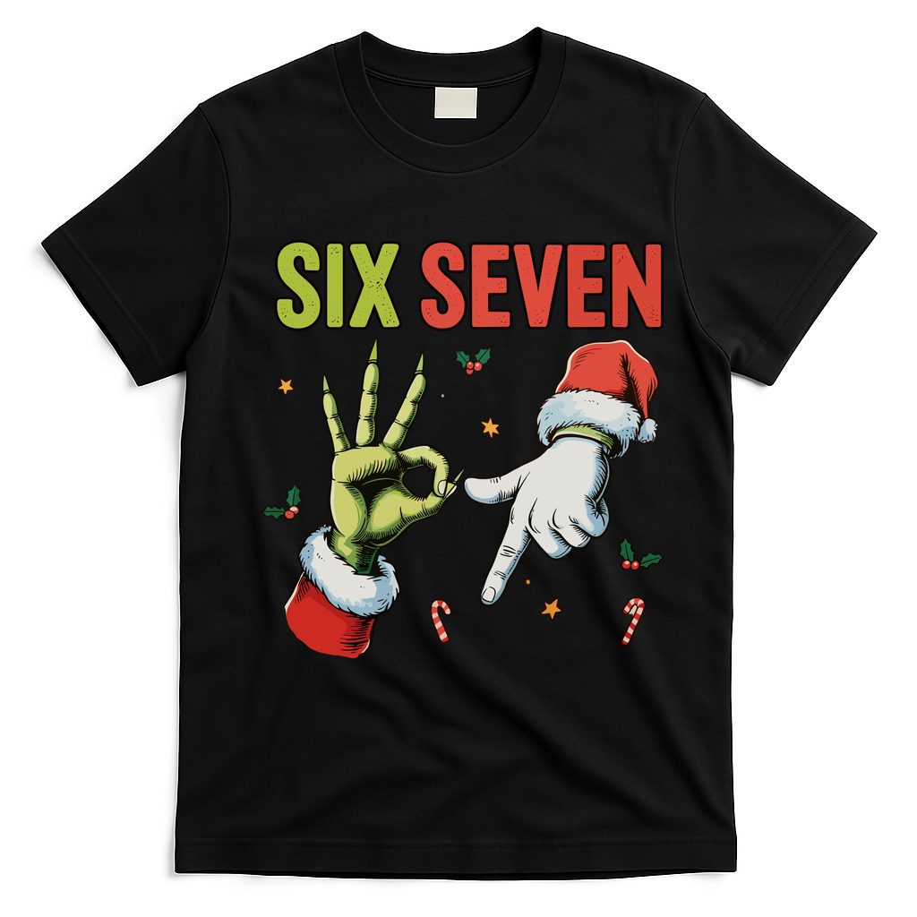 Six Seven 6 7 67 Meme Christmas Xmas Funny T-Shirt - Black