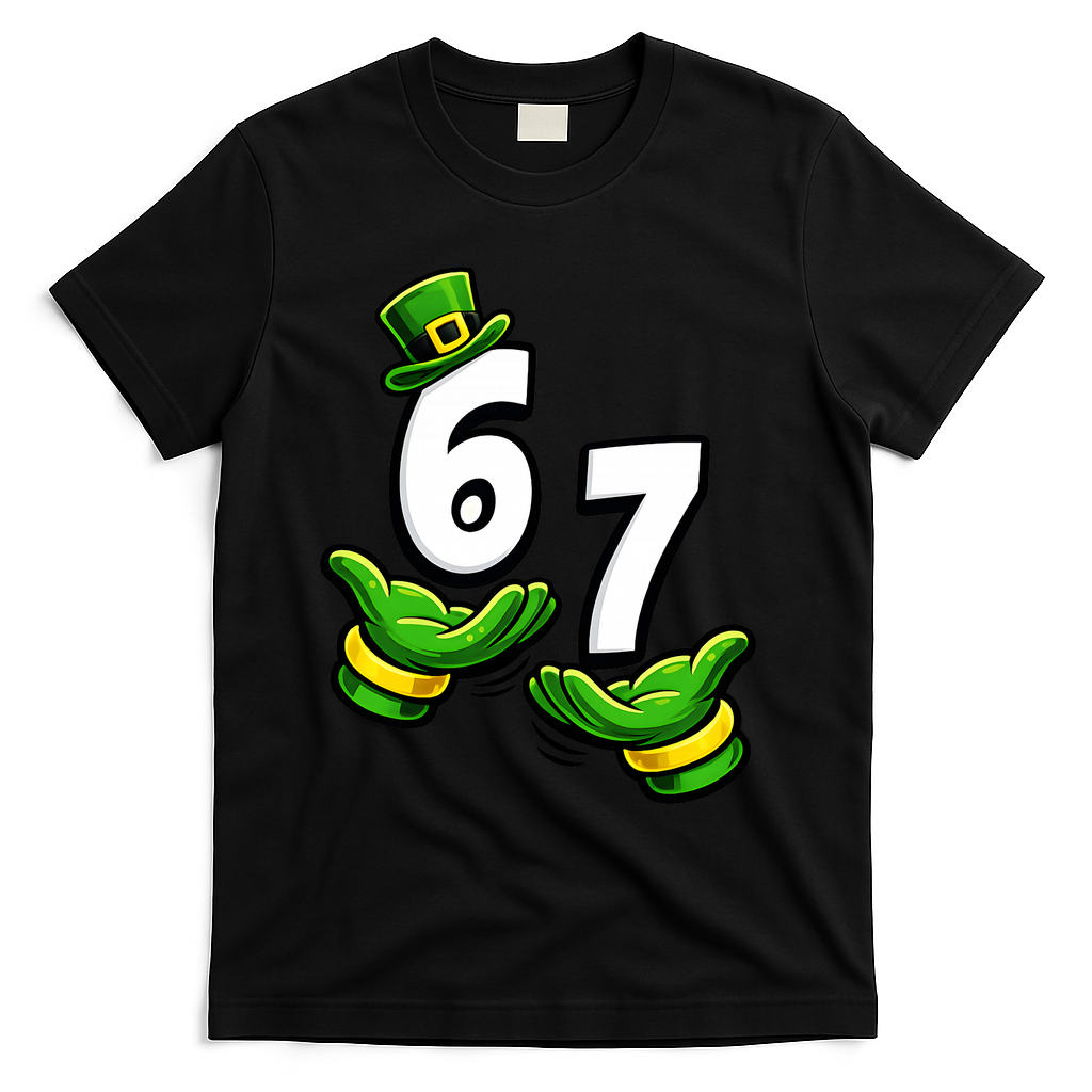Six Seven 67 St Patricks Day 6 7 Shamrock Meme T-Shirt - Black