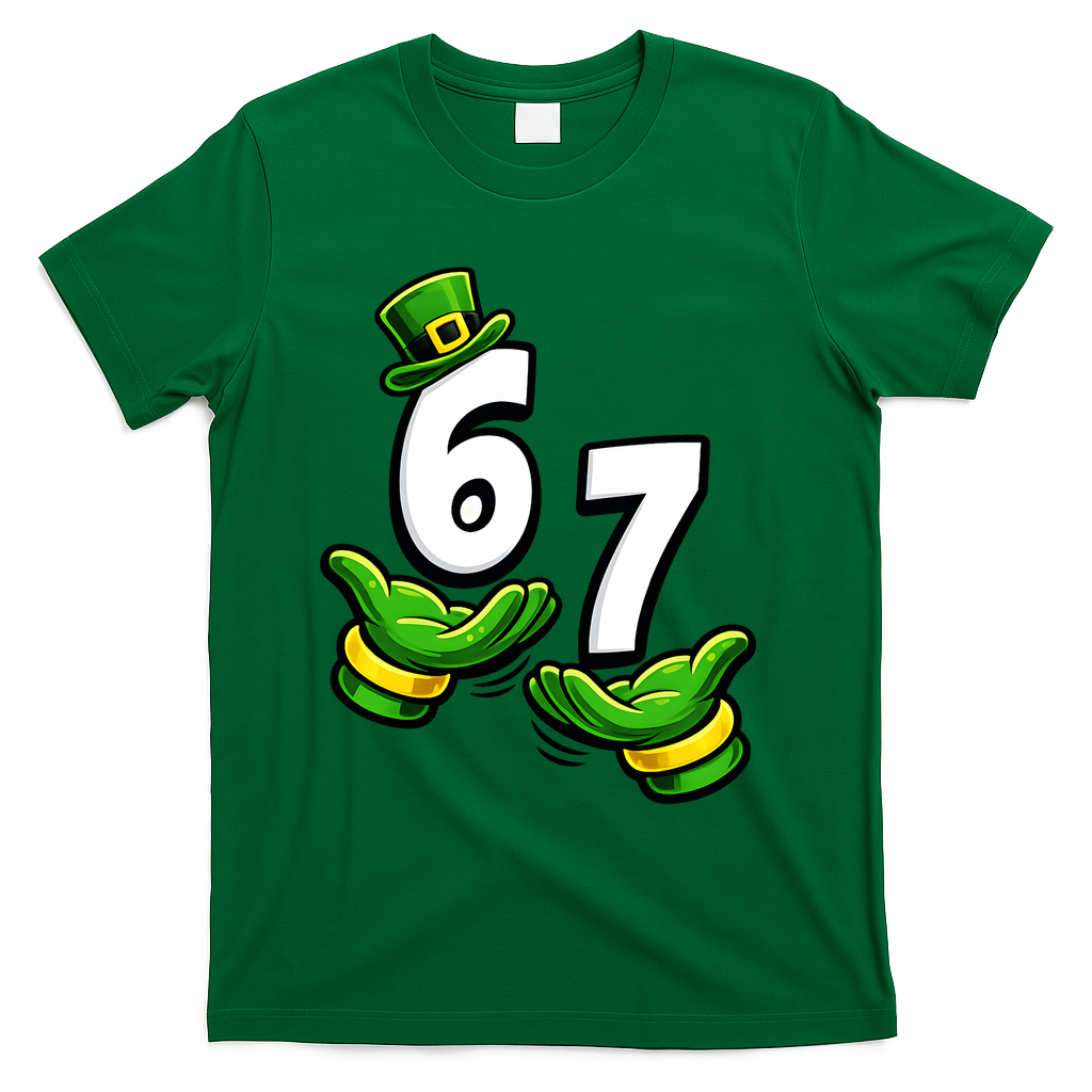 Six Seven 67 St Patricks Day 6 7 Shamrock Meme T-Shirt - Green