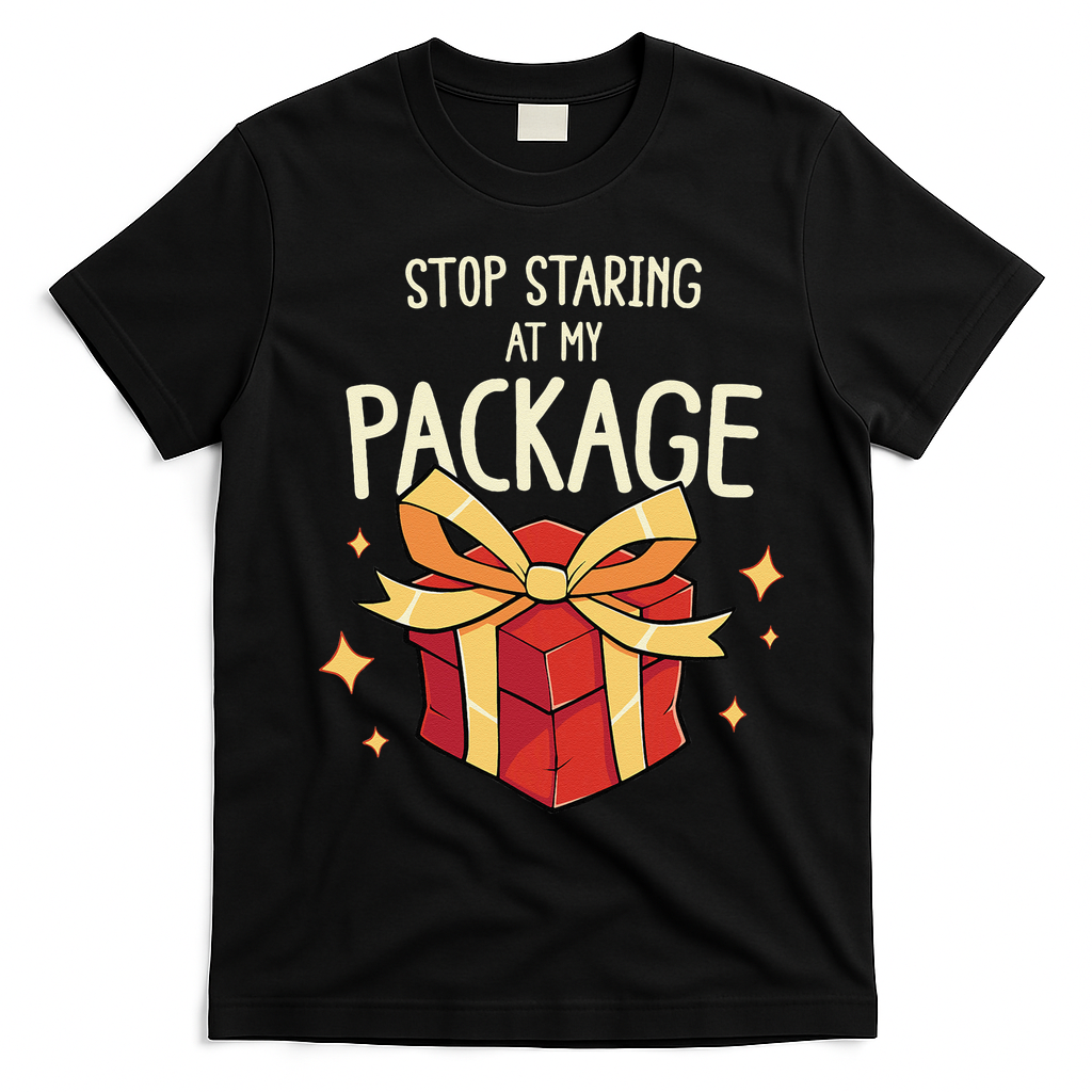 Stop Staring At My Package Funny Rude Xmas Christmas T-Shirt - Black